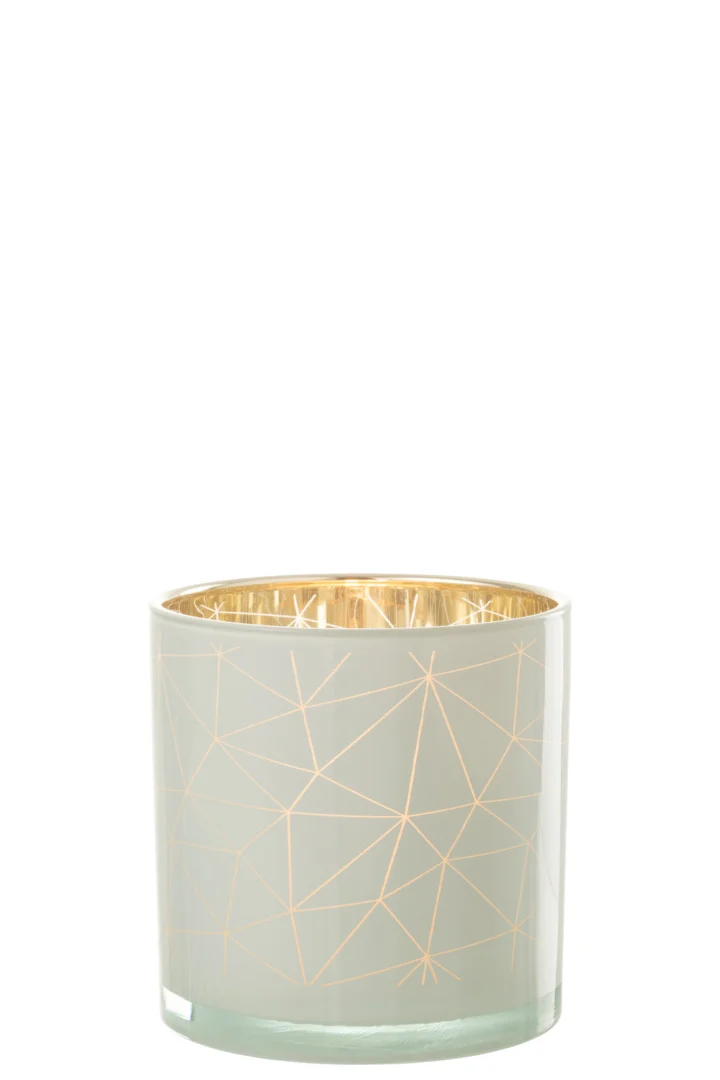 De Orkaan Milano Glas Wit/Goud Groot is een cilindrische kandelaar met een gematteerde lichtgrijze buitenkant, dunne gouden geometrische lijnen en een reflecterende gouden binnenkant.