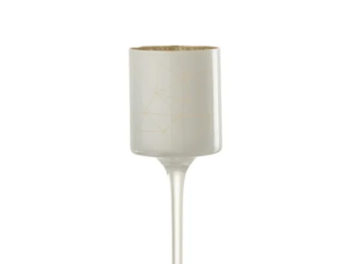 Theelichthouder Op Voet Milano Glas Wit Goud Klein is een wit met gouden kandelaar met een slanke glazen steel, een brede cilindrische kom, geometrisch goudpatroon en gouden rand, afgebeeld tegen een effen witte achtergrond.