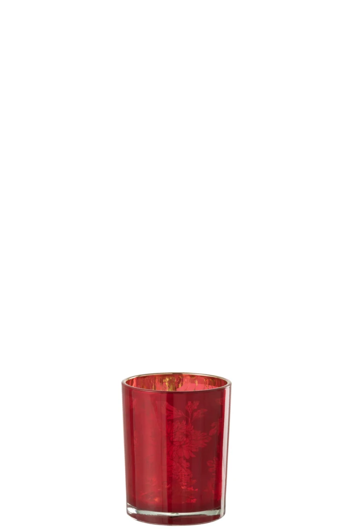 Een enkele Orkaan Bloemen Glas Rood Medium beker, leeg met een licht reflecterend rood oppervlak, staat tegen een effen witte achtergrond.