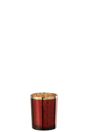 De Kaarsenhouder Orkaan Glas Rood Gouden Rand Medium is een middelgrote kaarsenhouder van rood glas met gouden accenten aan de rand en binnenkant, compleet met kaars.