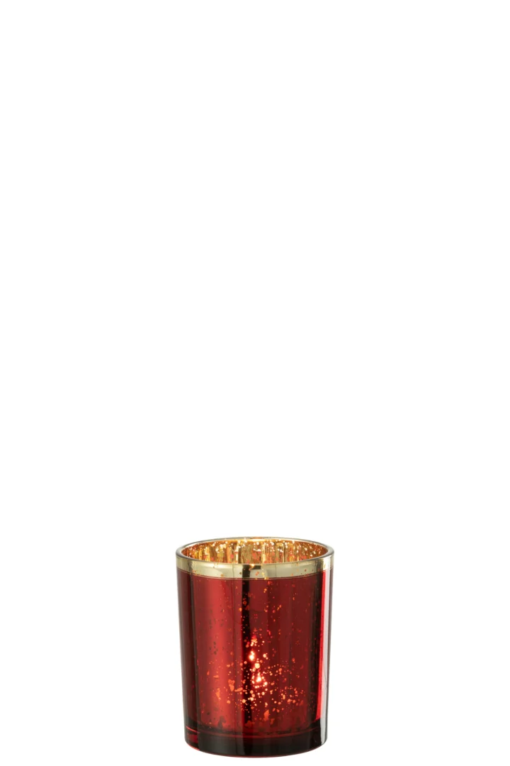 De Kaarsenhouder Orkaan Glas Rood Gouden Rand Medium is een kleine kaarsenhouder van rood glas met een glanzende, gespikkelde gouden binnenkant, tegen een witte achtergrond.