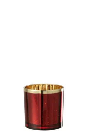 De Orkaan Gouden Rand Glas Rood Groot is een grote rode glazen beker met een gouden rand en gouden vlekjes op de hele beker, tegen een effen witte achtergrond.