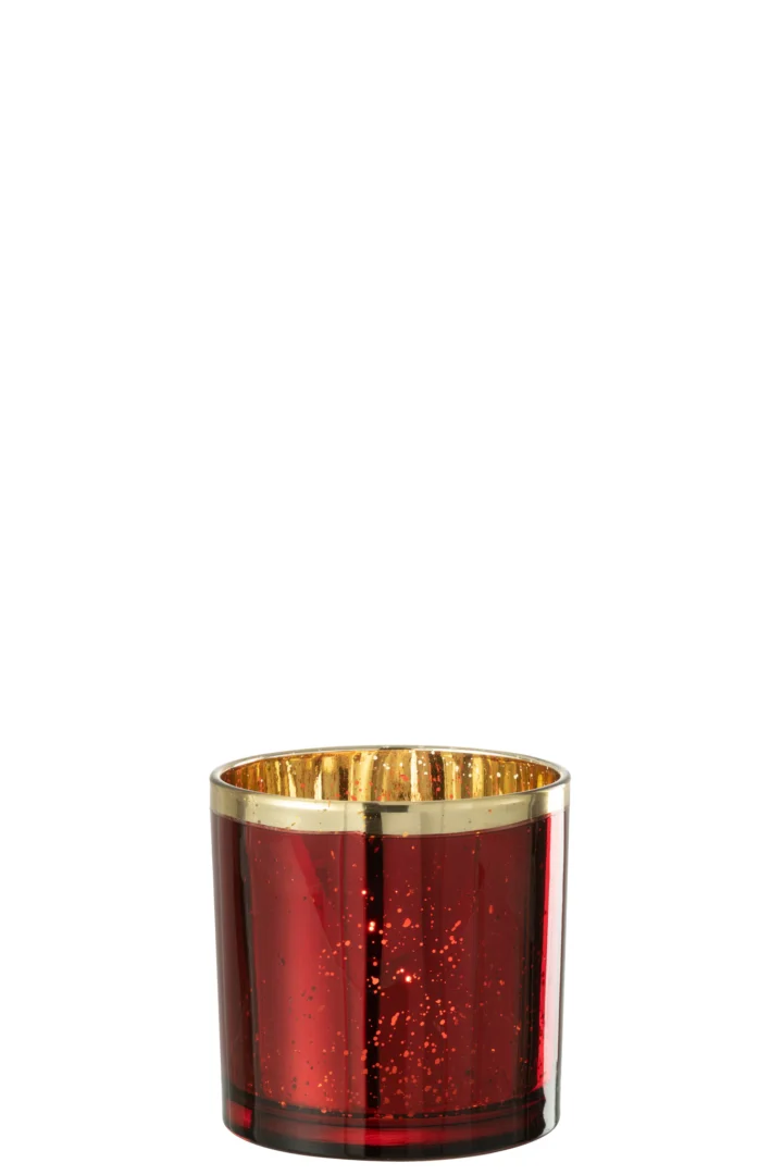 De Orkaan Gouden Rand Glas Rood Groot is een grote, cilindervormige glazen kandelaar met een glanzende rode afwerking, reflecterende gouden binnenkant en subtiele spikkels, afgebeeld tegen een effen witte achtergrond.