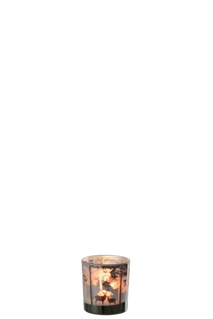 Theelichthouder Hert Glas Grijs Klein heeft een glazen houder met silhouetten van herten en bomen, die een charmant bostafereel vormen wanneer ze worden aangestoken door een kaars.