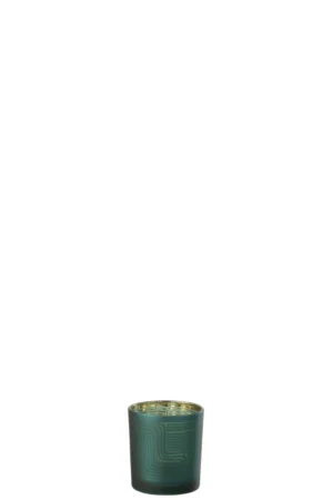 Theelichthouder Zigzag Glas Groen Klein: een kleine, donkergroene glazen kandelaar met een gouden binnenkant en subtiele geometrische patronen, gecentreerd op een effen witte achtergrond.