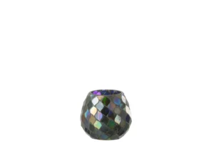 De Kaarsenhouder Orkaan Mozaïekglas Paars Medium is een middelgrote, ronde glazen kandelaar met een mozaïekpatroon in paarse tinten, weergegeven op een witte achtergrond.