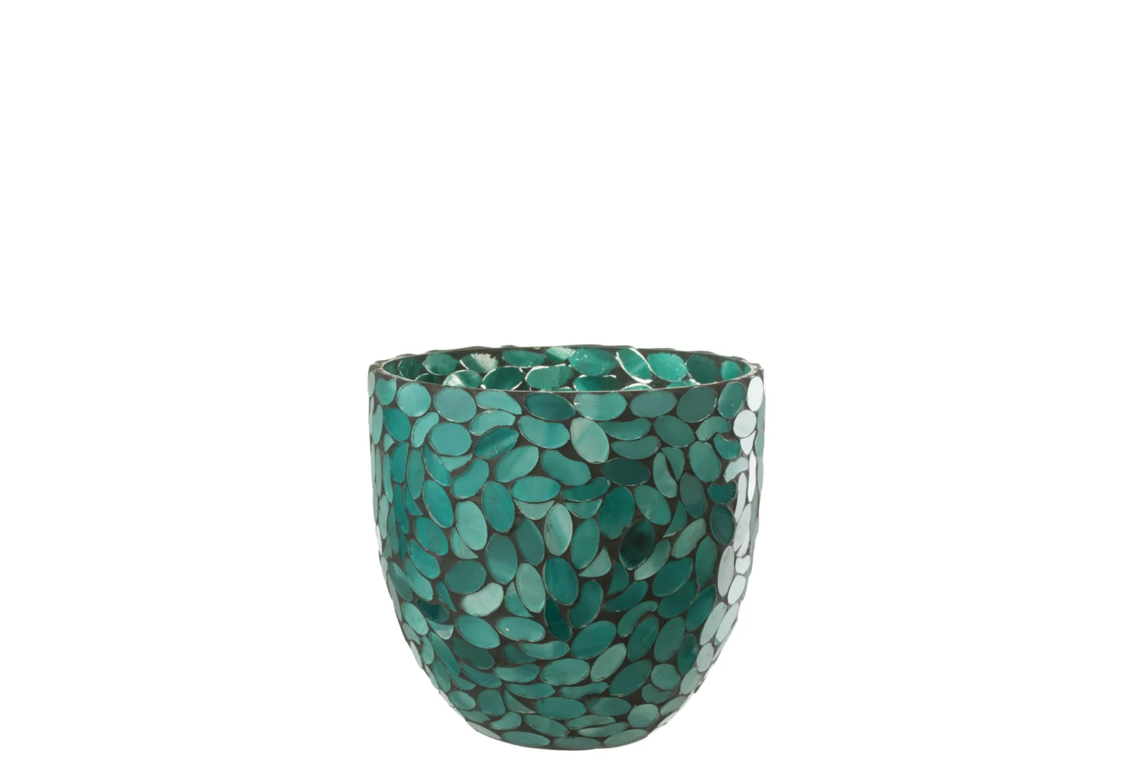 De Kaarsenhouder Orkaan Mozaïek Glas Azuur Middel heeft een glanzend, rond ontwerp met groene en turquoise ovale mozaïektegeltjes, waardoor het een stijlvolle decoratieve kandelaar is voor elke omgeving.