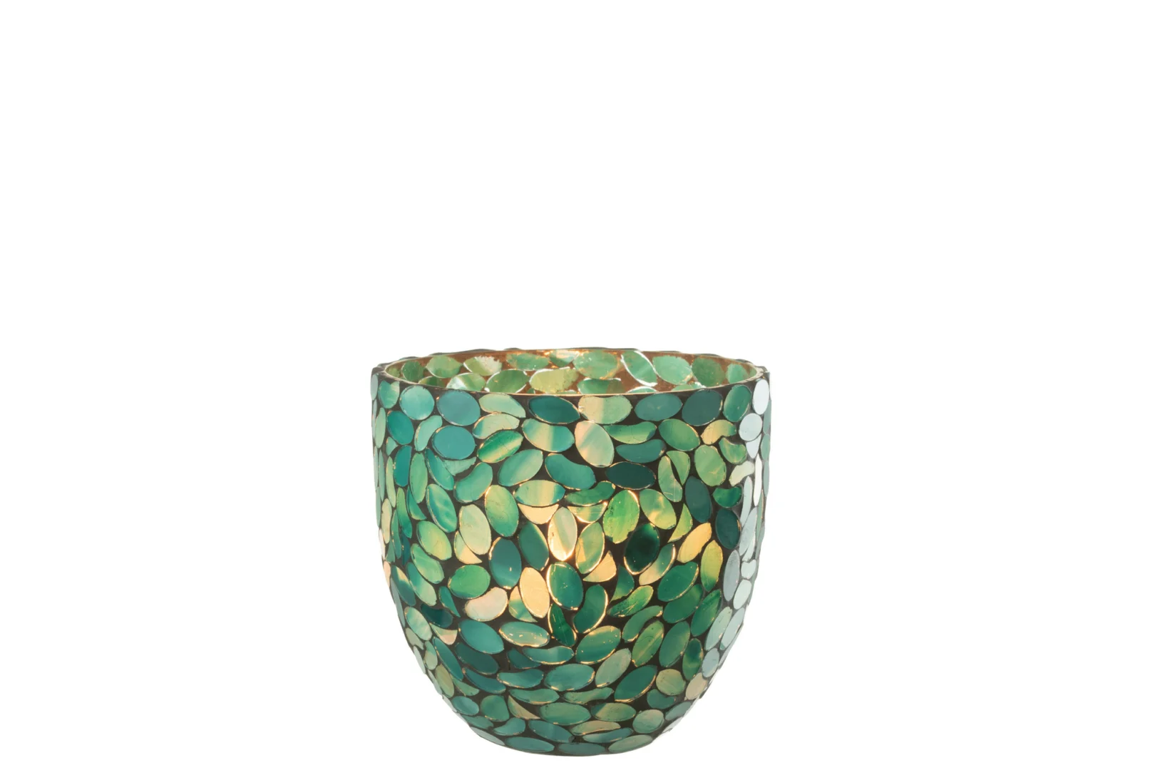 De Kaarsenhouder Orkaan Mozaïek Glas Azuur Middel is een decoratieve glazen kandelaar met een azuurblauw mozaïekpatroon tegen een witte achtergrond.