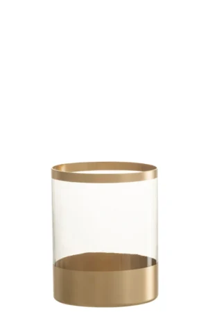 De Kaarsenhouder Orkaan Gouden Lijnen Glas Groot is een cilindervormige glazen vaas met metallic gouden banden aan de boven- en onderkant, afgebeeld tegen een effen witte achtergrond.
