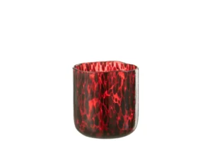 De Orkaan gespot glas Rood/Zwart Medium is een ronde glazen beker met een gevlekt rood en zwart patroon, afgebeeld tegen een effen witte achtergrond.