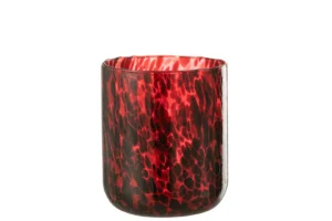 De Kaarsenhouder Orkaan Gespot Glas Rood Zwart Groot is een glazen beker met een rood en zwart gevlekt patroon, ronde basis en rechte zijkanten, afgebeeld tegen een witte achtergrond.