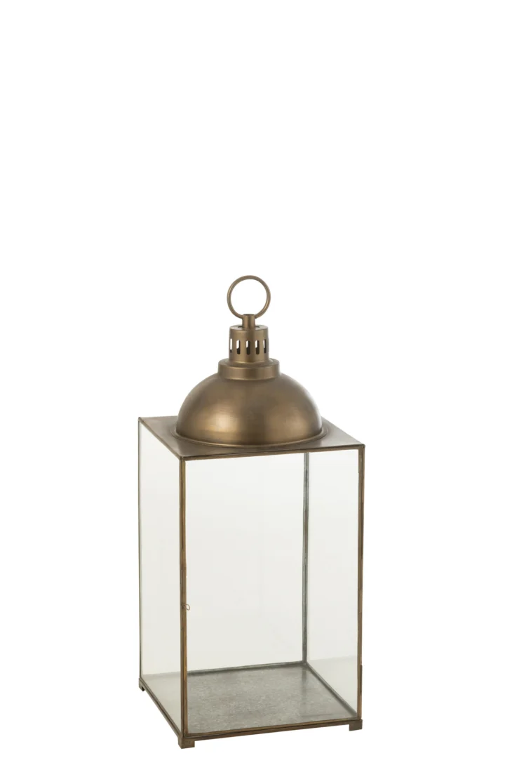 De Lantaarn Hagrid Glas IJzer Brons Middel is een rechthoekige glazen lantaarn met een bronskleurig ijzeren frame, koepelvormige bovenkant en ronde handgreep, leeg afgebeeld tegen een witte achtergrond.