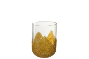 De Kaarsenhouder Strass Glas Transparant Goud Medium is een houder van helder glas met een gestructureerd gouden glitterpatroon in een golvend, bergachtig ontwerp rond de onderste helft. De achtergrond is wit.