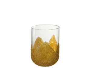De Kaarsenhouder Strass Glas Transparant Goud Medium is een houder van helder glas met een gestructureerd gouden glitterpatroon in een golvend, bergachtig ontwerp rond de onderste helft. De achtergrond is wit.