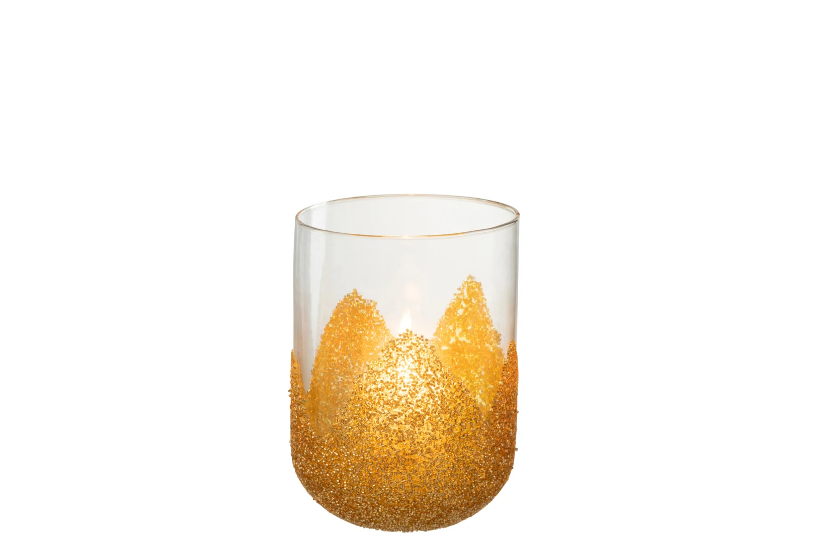 De Kaarsenhouder Strass Glas Transparant Goud Medium is een kaarsenhouder van helder glas met een gouden glitterblad/vlampatroon, afgebeeld met een brandende kaars erin tegen een effen witte achtergrond.