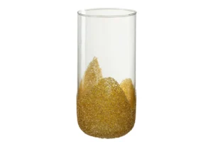 De Kaarsenhouder Strass Glas Transparant Goud Groot is een heldere cilindrische glazen vaas met decoratieve gouden structuuraccenten op het onderste gedeelte, die oplopen in een bergachtig patroon.