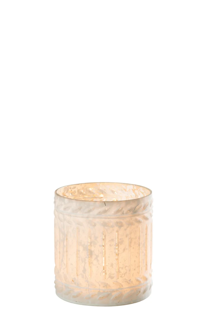 De Kaarsenhouder Ezy Glas Wit Medium brandt, de kaars gloeit zacht in een matglazen houder met textuur tegen een effen witte achtergrond.