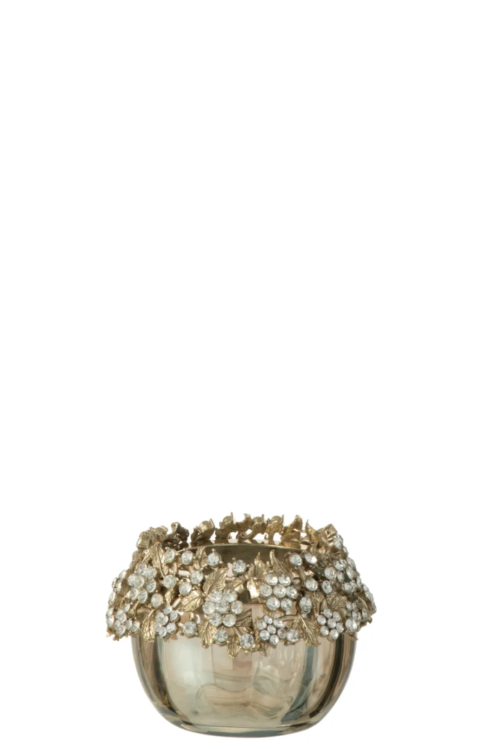 De Theelichthouder Volve Metaal Glas Goud Brons Klein is een glazen kandelaar met een gouden rand met ingewikkelde bladmotieven en clusters van kleine, witte bloemen.