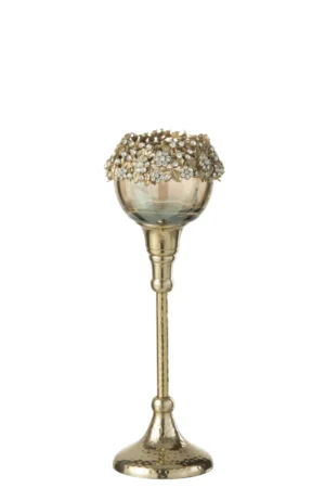 Theelichthouder Viane Metaal Glas Goud Brons Medium: een decoratieve gouden en bronzen houder met een gestructureerde steel en basis, met een glazen bovenkant versierd met kleine gouden en zilveren bloemmotieven rond de rand.