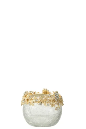 Theelichthouder Volve Metaal Glas Goud Transparant Klein: een kleine theelichthouder van helder glas met gebarsten textuur, voorzien van een decoratieve goudkleurige metalen rand met bladmotieven en fonkelende edelstenen.