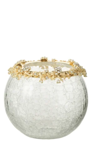 Theelichthouder Volve Metaal Glas Goud Transparant Groot: Een ronde, heldere glazen houder met een brede opening en een sierlijke gouden rand, gedetailleerd met bloem- en bladmotieven en parelmoerachtige kraalaccenten.