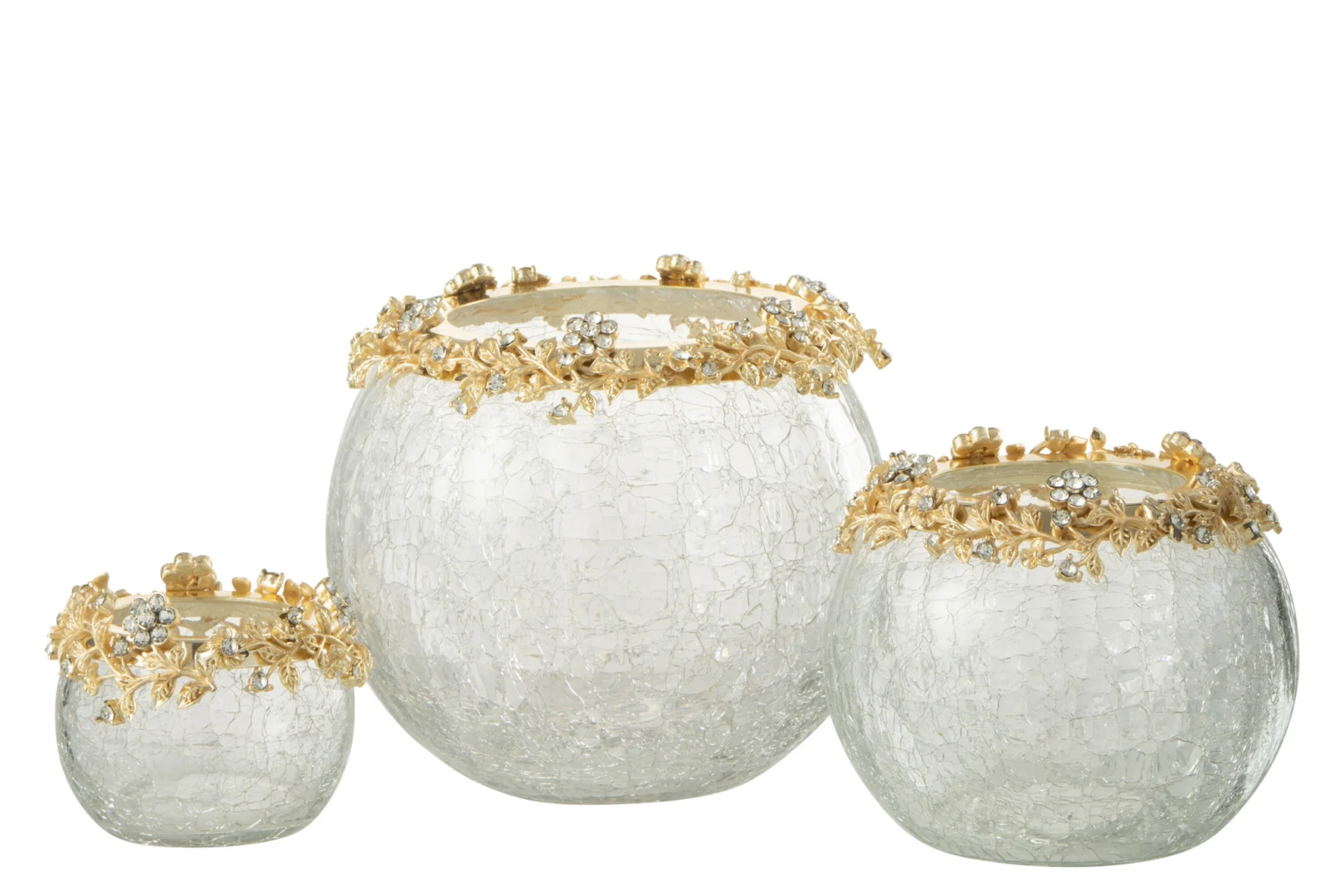 De Theelichthouder Volve Metaal Glas Goud Transparant Groot is een decoratieve ronde glazen schaal met een gebarsten textuur en een sierlijke gouden rand met bloem- en bladmotieven. Verkrijgbaar in verschillende maten voor stijlvolle arrangementen.