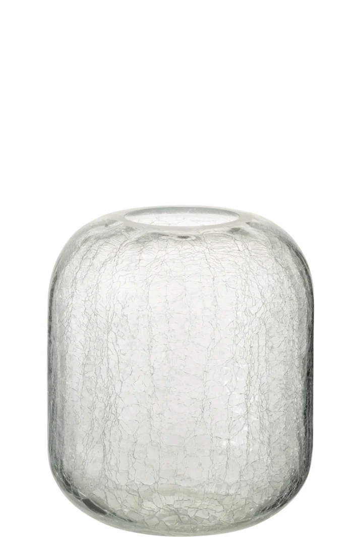 De Kaarsenhouder Orkaan Kraakglas Transparant Medium is een ronde, heldere glazen houder met een brede basis, smalle bovenkant en unieke gebarsten textuur, leeg afgebeeld tegen een witte achtergrond.