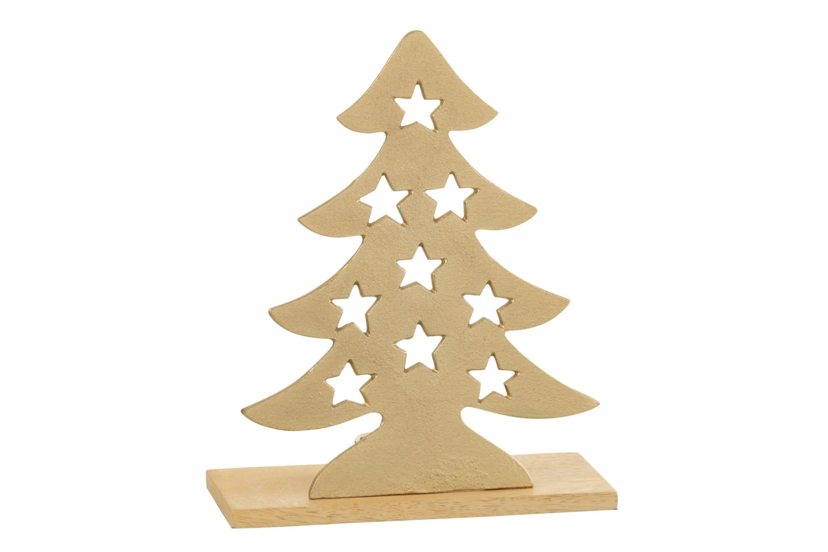 Theelichthouder Kerstboom Aluminium/Hout Natuur/Goud Groot is een decoratieve theelichthouder in de vorm van een kerstboom met een gouden afwerking, gemaakt van aluminium en hout, ontworpen om rechtop te staan op een rechthoekige voet.