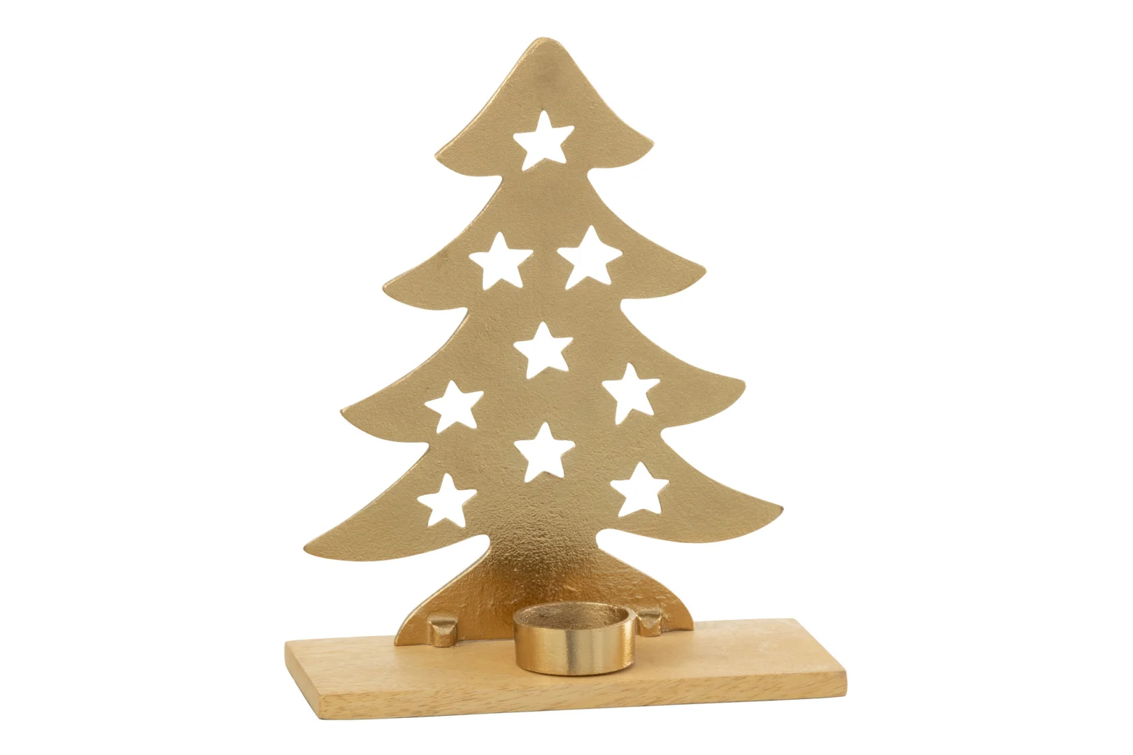 Theelichthouder Kerstboom Aluminium/Hout Natuur/Goud Groot: Een goudkleurige aluminium kerstboomkandelaar met stervormige uitsparingen, op een naturel houten voet, met aan de voorkant een kleine ronde houder voor een kaars.
