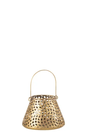 Een ronde, goudkleurige theelichthouder van metaal en glas met een oosters rasterpatroon en gebogen handvat, genaamd 'Theelichthouder Oosters Metaal Glas Goud Rond', tegen een effen witte achtergrond.