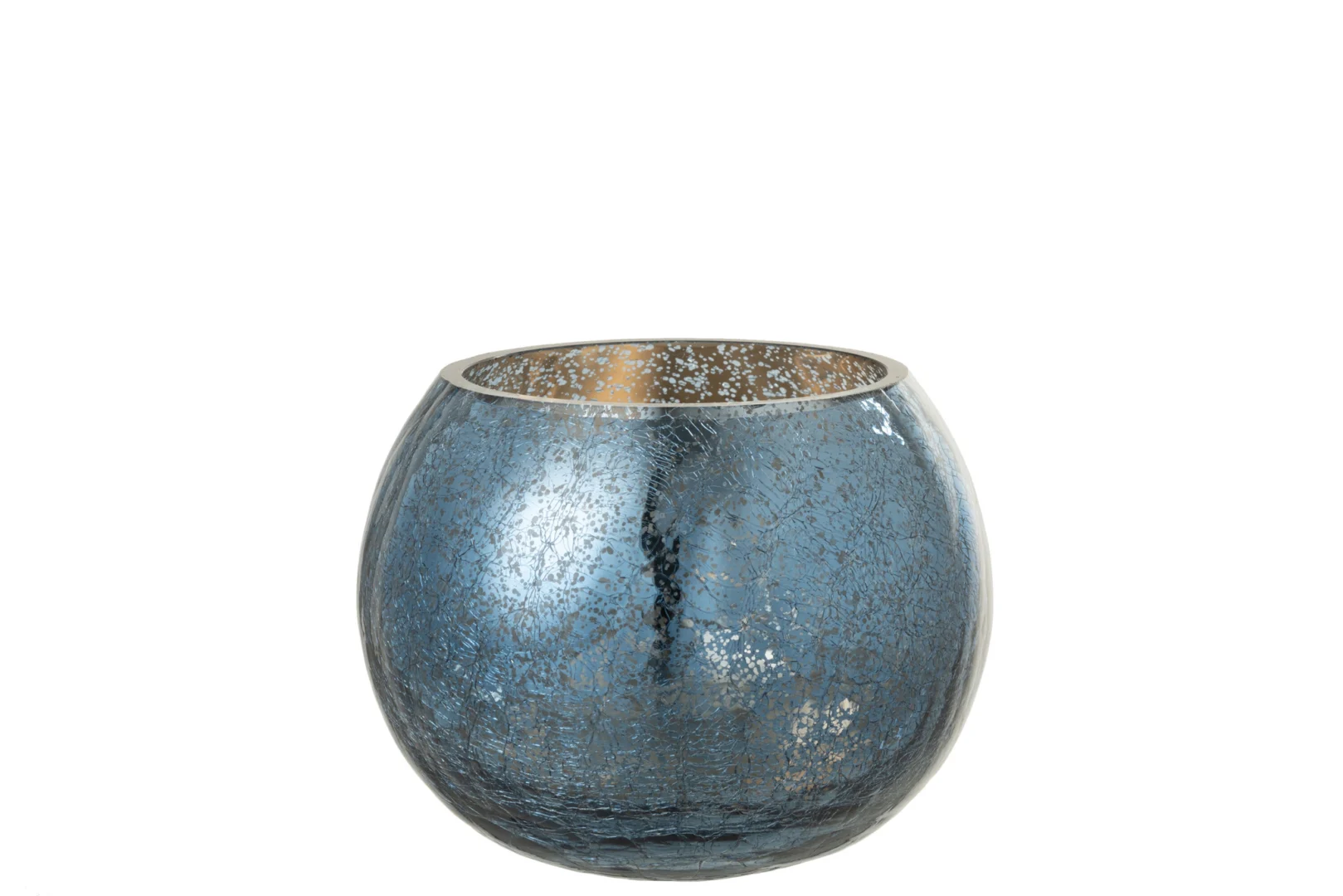 Theelichthouder Orkaan Craquelure Glas Blauw Medium: een ronde, blauwe glazen kandelaar met een gebarsten textuur en reflecterende binnenkant, afgebeeld tegen een effen witte achtergrond.