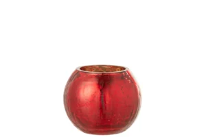 De Kaarsenhouder Orkaan Lichtbal Craquelure Rood is een ronde, rode glazen kandelaar met een brede opening en een licht reflecterende afwerking, tegen een effen witte achtergrond.
