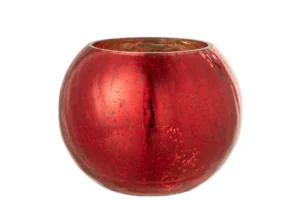 Theelichthouder Orkaan Craquelure Glas Rood Groot is een ronde, rode glazen kandelaar met een reflecterende, gespikkelde afwerking, afgebeeld op een witte achtergrond.