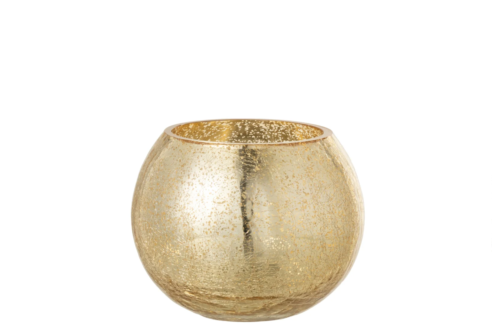 Theelichthouder Orkaan Craquelure Glas Goud Medium, een ronde goudkleurige glazen orkaan met een gestructureerde, gespikkelde afwerking, wordt weergegeven tegen een witte achtergrond.