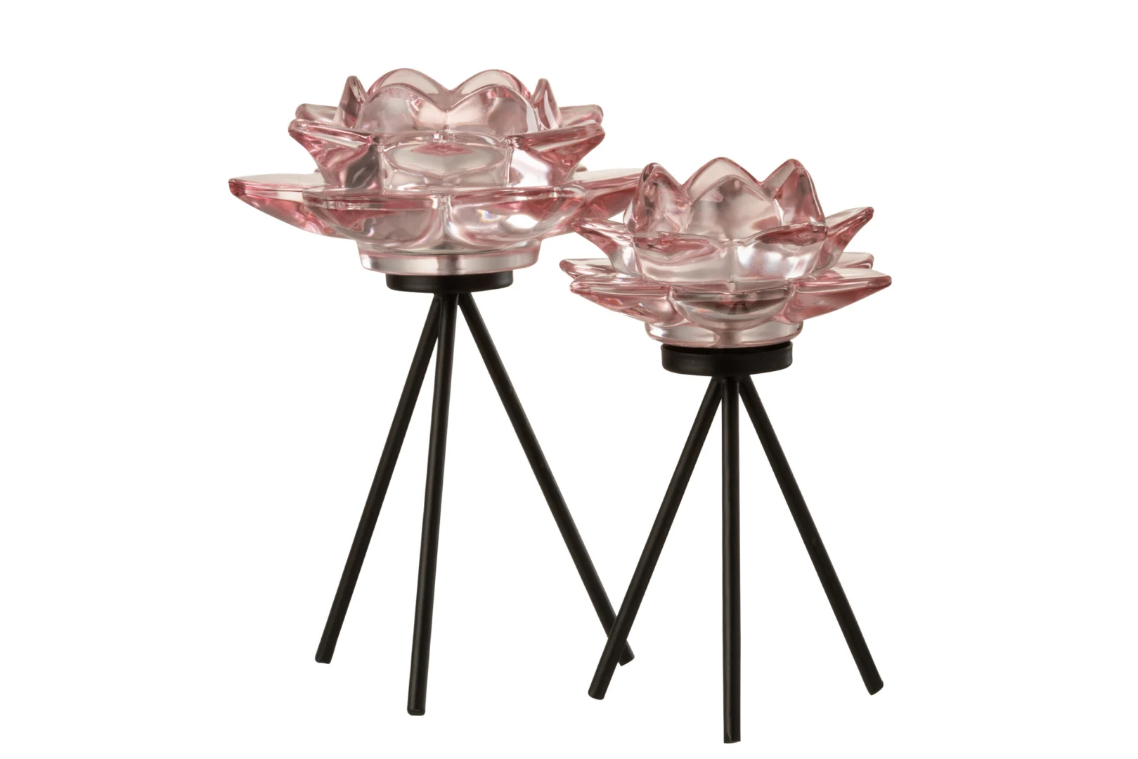 De Theelichthouder Op Voet Bloem Glas Roze Groot bestaat uit roze glazen lotusvormige kandelaars op moderne zwart metalen driepootstandaards van verschillende hoogtes, tegen een witte achtergrond.