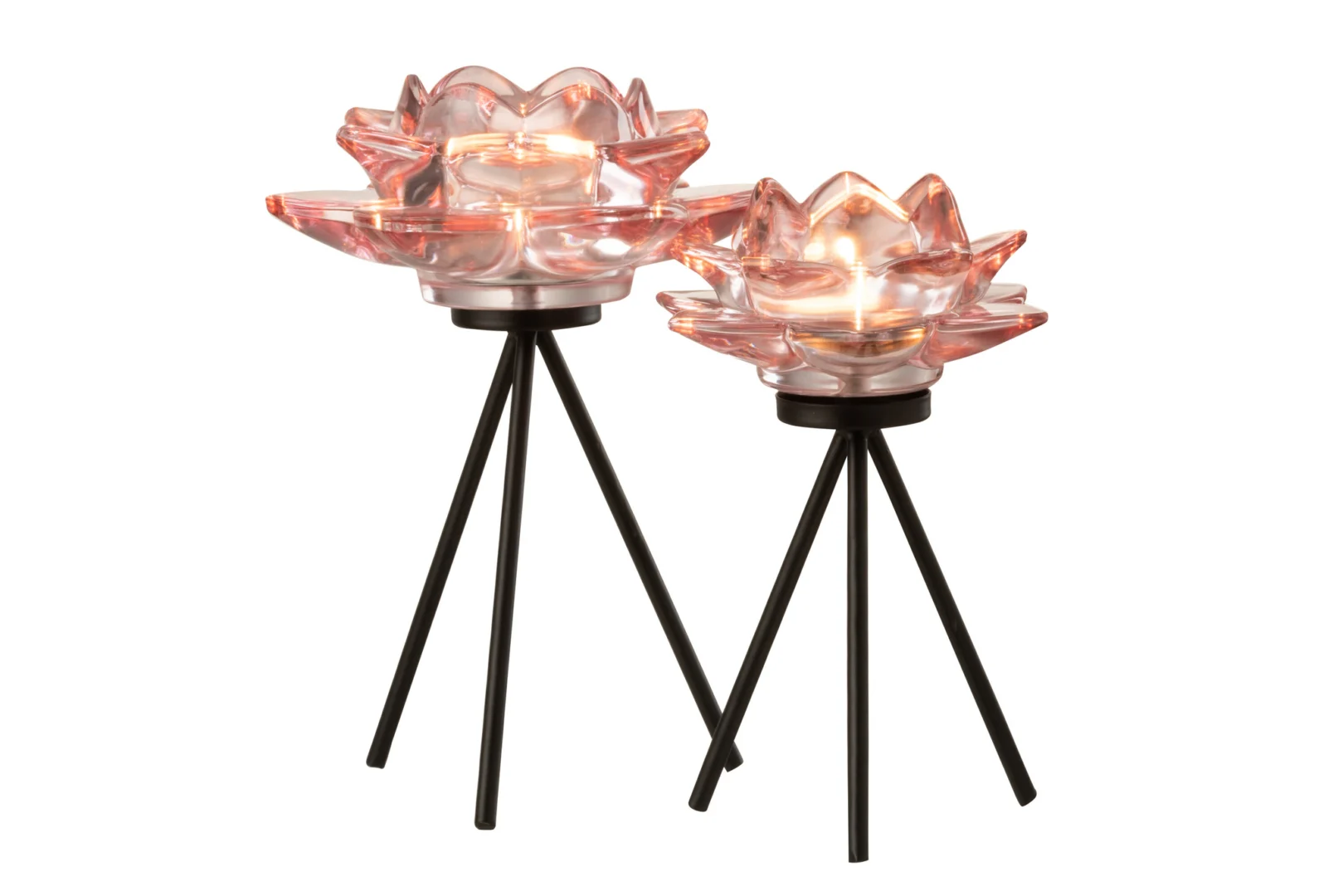 Theelichthouder Op Voet Bloem Glas Roze Groot: twee roze glazen lotusvormige kandelaars met brandende kaarsen, elk op drie zwarte metalen pootjes van verschillende hoogte, afgebeeld tegen een witte achtergrond.