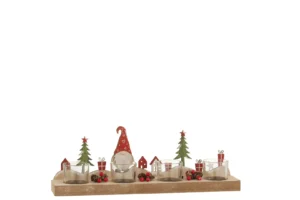 Theelichthouder Kerst Kerstman Hout Metaal Set 4: Houten en metalen kerstkandelaar met rode huisjes, groene bomen, cadeaudoosjes, een kaboutermuts en vier glazen waxinelichthouders op een rechthoekige houten voet.