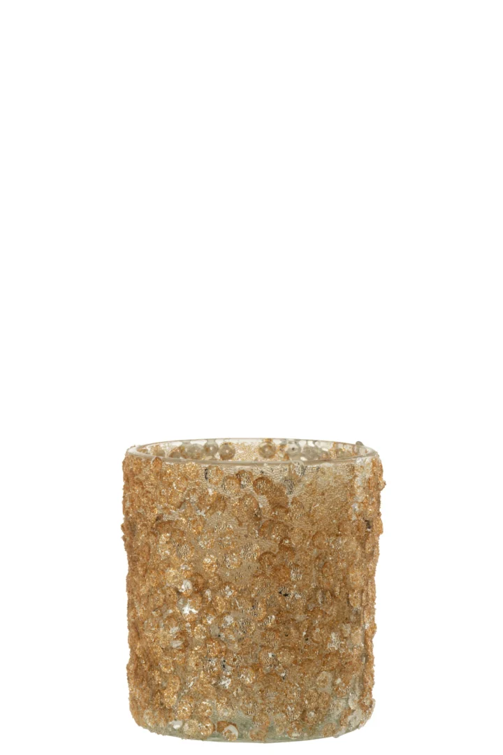 De Kaarsenhouder Orkaan Sequin Glas Mat Goud Medium is een middelgrote, cilindervormige glazen kandelaar versierd met gestructureerde gouden glitters en pailletten, afgebeeld tegen een effen witte achtergrond.