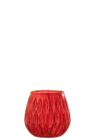 Het Orkaan Motieven Glas Rood Klein is een klein, rond rood glas met een gestructureerd, bladachtig patroon op het oppervlak tegen een witte achtergrond.