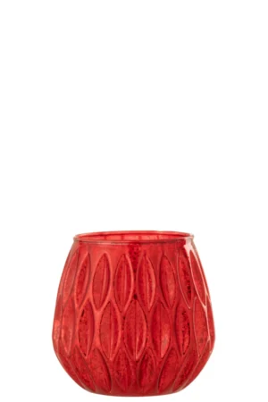 De Kaarsenhouder Orkaan Motieven Glas Rood Groot is een korte, ronde houder van rood glas met een bladmotief in reliëf op de zijkanten, afgebeeld tegen een effen witte achtergrond.