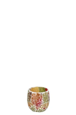 De Kaarsenhouder Zonsondergang Glas Multi Klein is een kleine, ronde glazen kandelaar met een mozaïekpatroon in herfsttinten rood, oranje, geel en groen op een effen witte achtergrond.