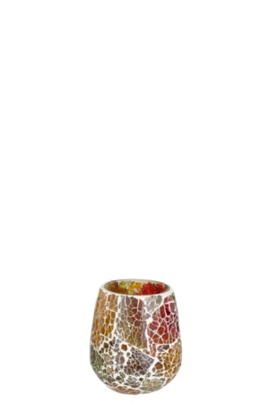De Kaarsenhouder Zonsondergang Glas Multi Medium is een kleine ronde glazen kandelaar met een warm mozaïekpatroon van rood, geel en bruin tegen een effen witte achtergrond.