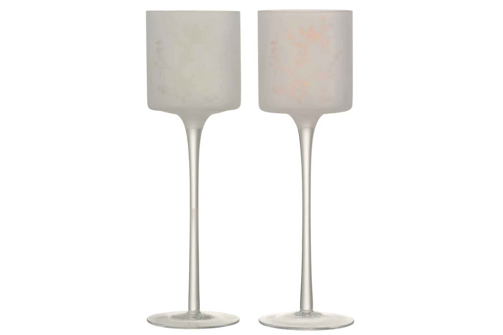 Set van twee grote groene en roze glazen kandelaars met voetstuk, Theelichthouder Op Voet Boom Vogel Glas Roze Groot, naast elkaar tegen een witte achtergrond.