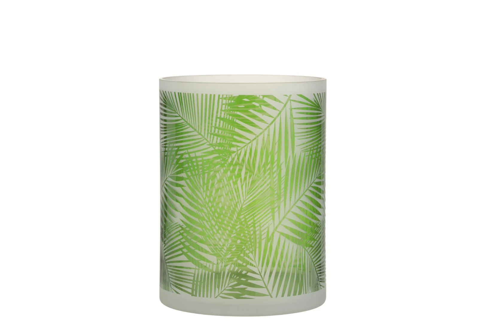 De Kaarsenhouder Orkaan Tropisch Glas Groen Groot is een cilindrische matglazen vaas met overlappende groene palmbladerenpatronen tegen een effen witte achtergrond.