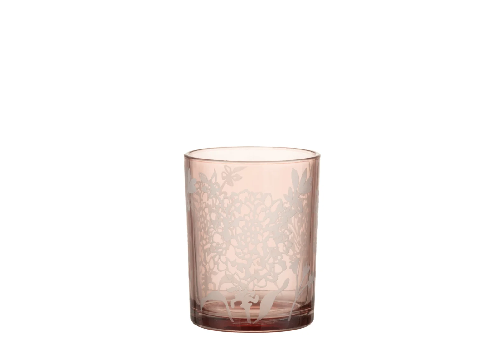 De Kaarsenhouder Orkaan Bloem Glas Roze Klein is een kleine, doorschijnende roze glazen kandelaar met een ingewikkeld geëtst bloemen- en vlindermotief op een effen witte achtergrond.
