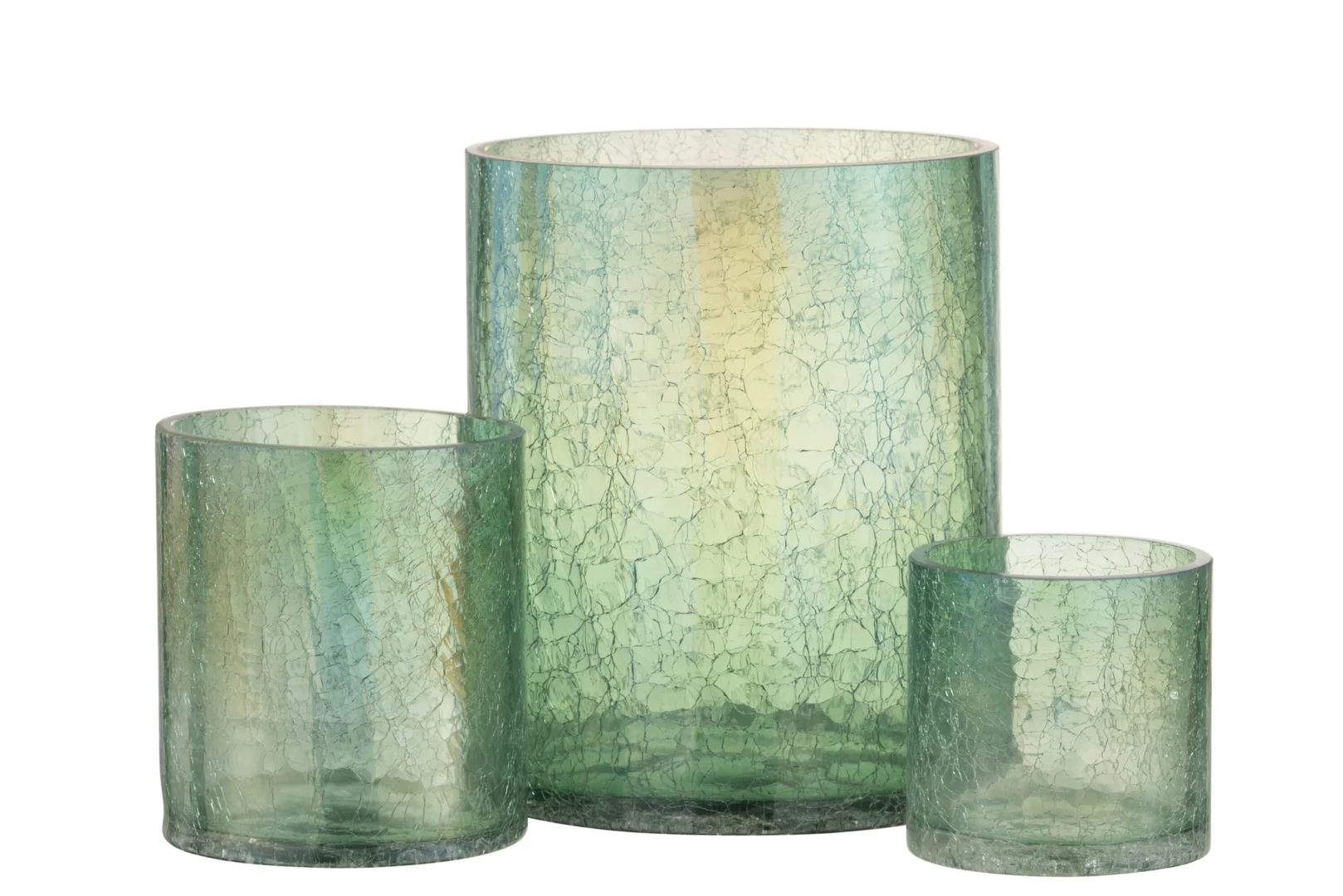De Kaarsenhouder Orkaan Crackle Glas Groen Groot is een grote, groene kandelaar van craqueléglas met een doorschijnende, gestructureerde afwerking tegen een witte achtergrond.