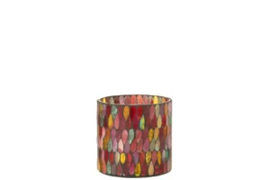 De Kaarsenhouder Hurricane Mozaïek Glas Mix Medium is een cilindervormige glazen kandelaar met een levendig mozaïek van rode, gele, groene en roze ovale patronen op een witte achtergrond.