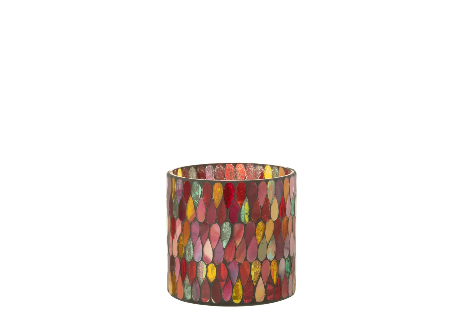De Kaarsenhouder Hurricane Mozaïek Glas Mix Medium is een cilindervormige glazen kandelaar met een levendig mozaïek van rode, gele, groene en roze ovale patronen op een witte achtergrond.