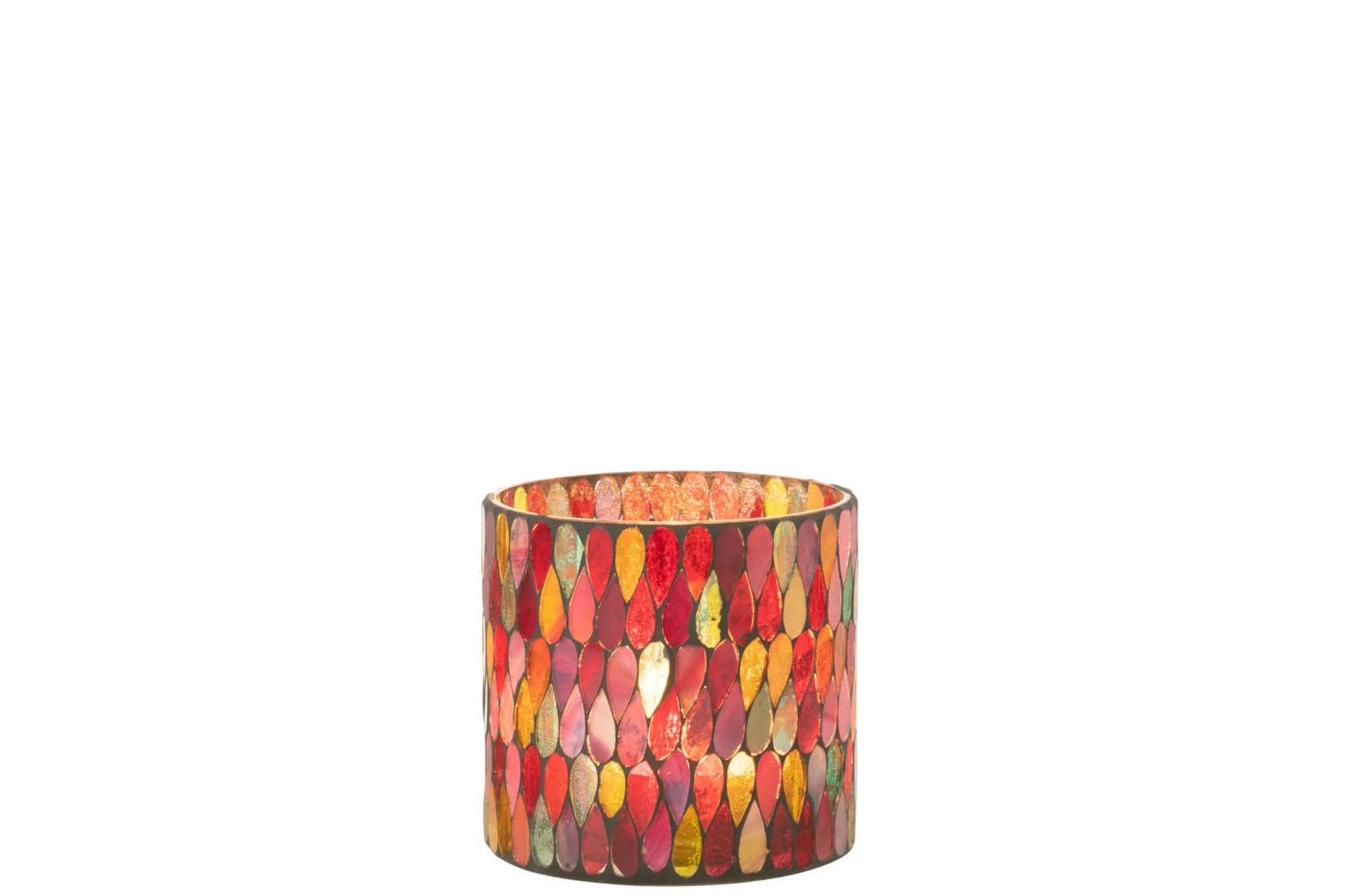 De Kaarsenhouder Hurricane Mozaïek Glas Mix Medium heeft rood, oranje en geel mozaïekglas voor een levendige uitstraling. Wanneer de kandelaar brandt, werpt hij een warme gloed door het kleurrijke mozaïekpatroon.