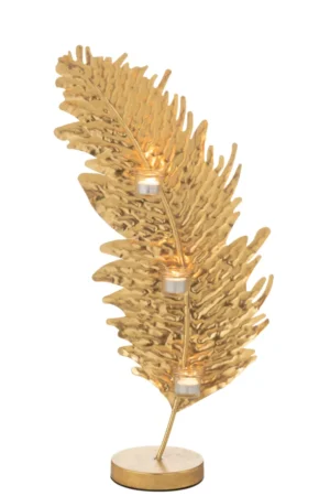 De Kaarsenhouder Blad Glas Metaal Goud is een decoratieve goudmetalen bladvormige kandelaar die rechtop staat op een ronde voet, met ruimte voor drie kleine kaarsen langs de centrale steel.